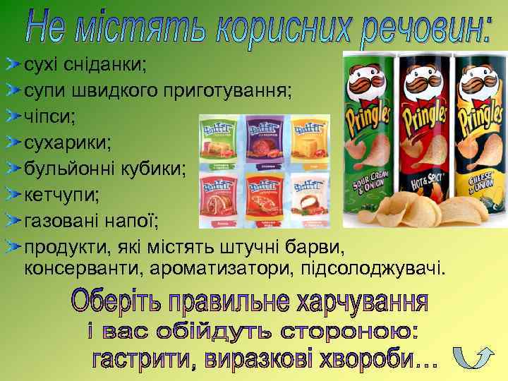 сухі сніданки; супи швидкого приготування; чіпси; сухарики; бульйонні кубики; кетчупи; газовані напої; продукти, які