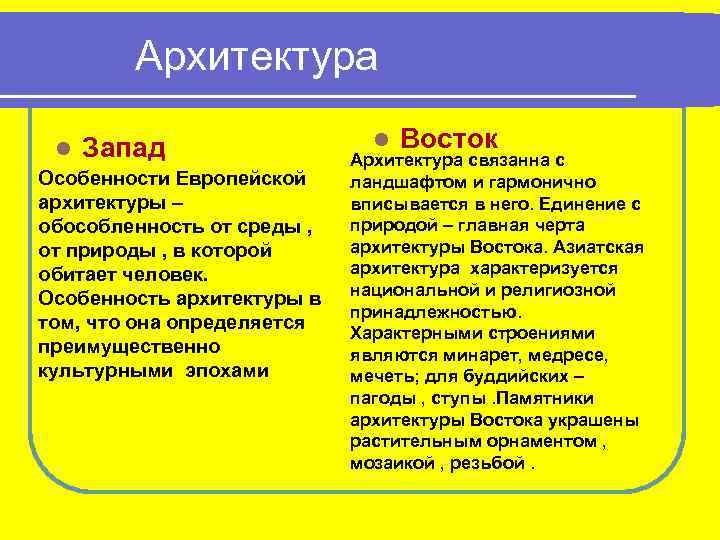 Архитектура l Запад Особенности Европейской архитектуры – обособленность от среды , от природы ,