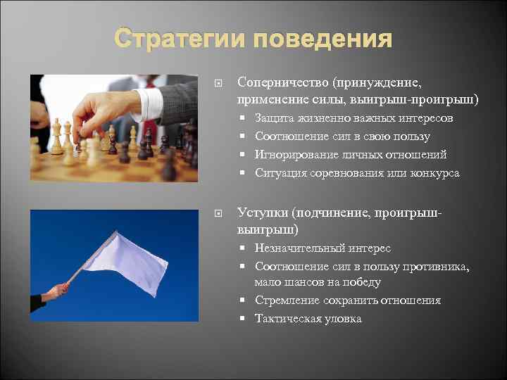 Стратегии поведения Соперничество (принуждение, применение силы, выигрыш-проигрыш) Защита жизненно важных интересов Соотношение сил в