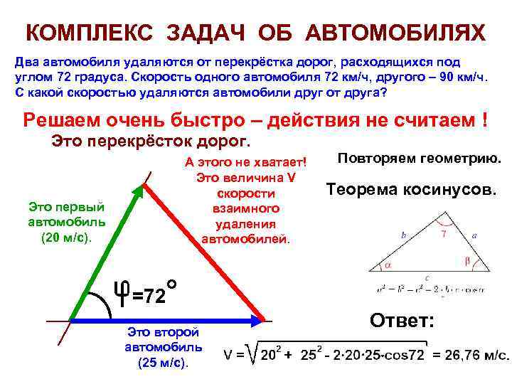 КОМПЛЕКС ЗАДАЧ ОБ АВТОМОБИЛЯХ Два автомобиля удаляются от перекрёстка дорог, расходящихся под углом 72