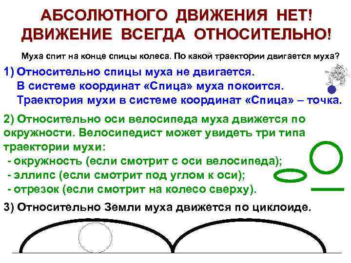 АБСОЛЮТНОГО ДВИЖЕНИЯ НЕТ! ДВИЖЕНИЕ ВСЕГДА ОТНОСИТЕЛЬНО! Муха спит на конце спицы колеса. По какой