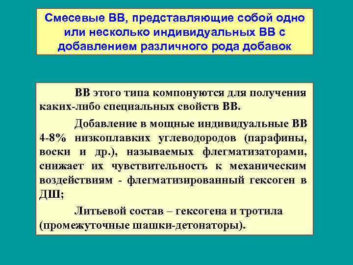 Смесевые ВВ, представляющие собой одно или несколько индивидуальных ВВ с добавлением различного рода добавок