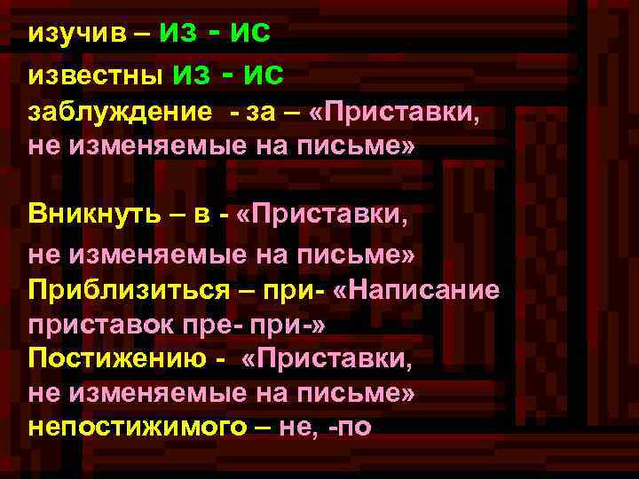 изучив – из - ис известны из - ис заблуждение - за – «Приставки,