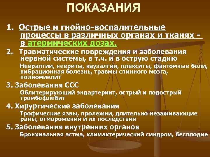 ПОКАЗАНИЯ 1. Острые и гнойно-воспалительные процессы в различных органах и тканях в атермических дозах.