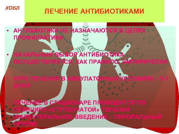 ХОБЛ ЛЕЧЕНИЕ АНТИБИОТИКАМИ • АНТИБИОТИКИ НЕ НАЗНАЧАЮТСЯ В ЦЕЛЯХ ПРОФИЛАКТИКИ • НАЧАЛЬНЫЙ ВЫБОР АНТИБИОТИКА