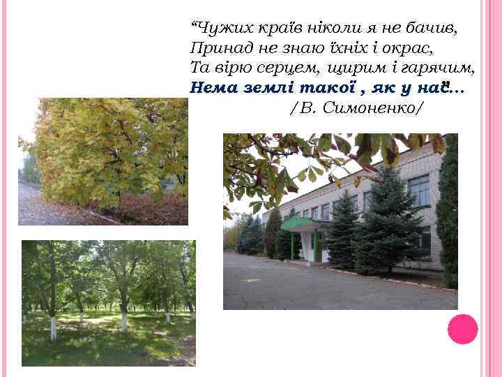 “Чужих країв ніколи я не бачив, Принад не знаю їхніх і окрас, Та вірю