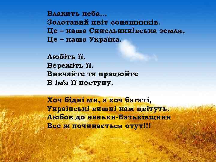 Блакить неба… Золотавий цвіт соняшників. Це – наша Синельниківська земля, Це – наша Україна.