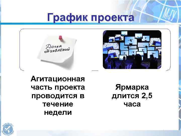 График проекта Агитационная часть проекта проводится в течение недели Ярмарка длится 2, 5 часа