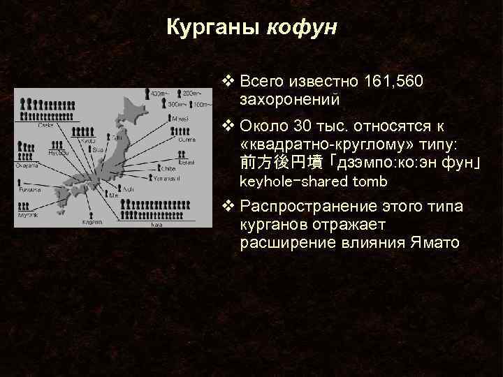 Курганы кофун v Всего известно 161, 560 захоронений v Около 30 тыс. относятся к