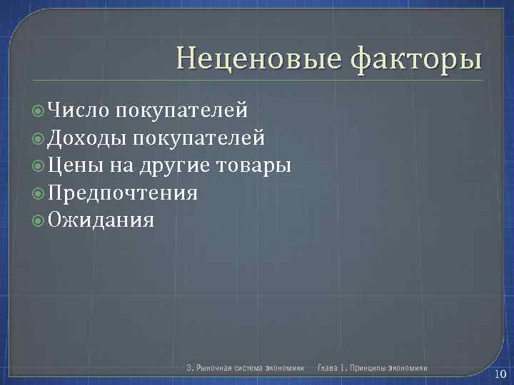 Неценовые факторы Число покупателей Доходы покупателей Цены на другие товары Предпочтения Ожидания 3. Рыночная