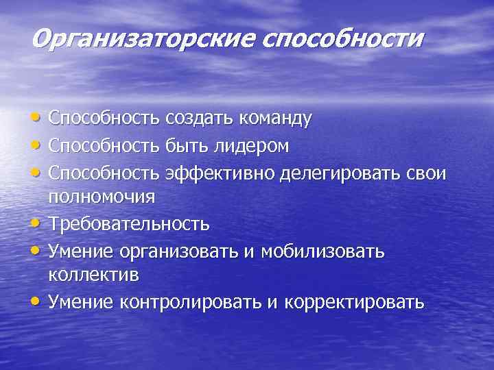 Организаторские способности • Способность создать команду • Способность быть лидером • Способность эффективно делегировать