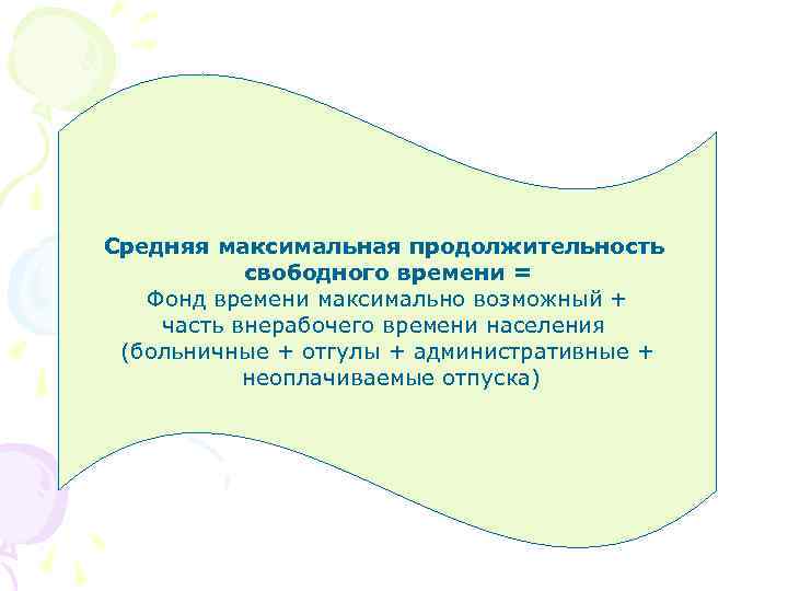 Средняя максимальная продолжительность свободного времени = Фонд времени максимально возможный + часть внерабочего времени