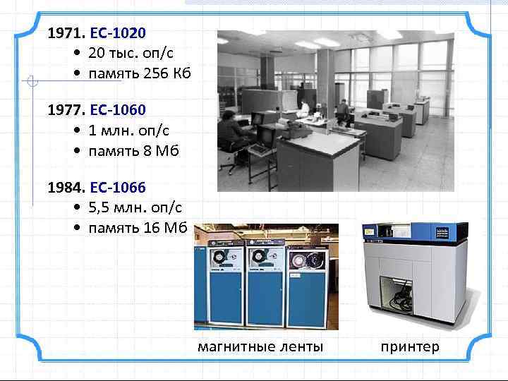 1971. ЕС-1020 • 20 тыс. оп/c • память 256 Кб 1977. ЕС-1060 • 1