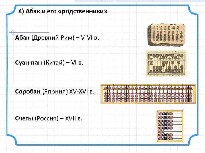 4) Абак и его «родственники» Абак (Древний Рим) – V-VI в. Суан-пан (Китай) –