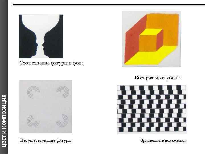 Соотношение фигуры и фона ЦВЕТ И КОМПОЗИЦИЯ Я Восприятие глубины Несуществующие фигуры Зрительные искажения