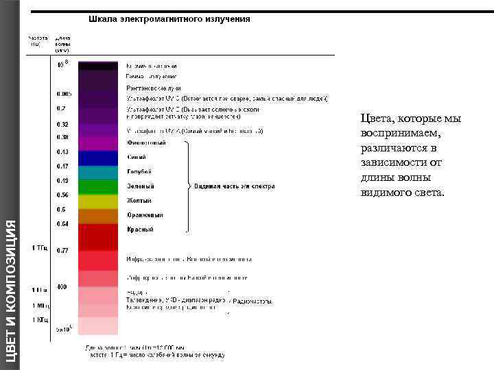 ЦВЕТ И КОМПОЗИЦИЯ Цвета, которые мы воспринимаем, различаются в зависимости от длины волны видимого