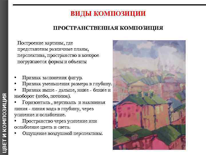 ВИДЫ КОМПОЗИЦИИ ПРОСТРАНСТВЕННАЯ КОМПОЗИЦИЯ ЦВЕТ И КОМПОЗИЦИЯ Я Построение картины, где представлены различные планы,