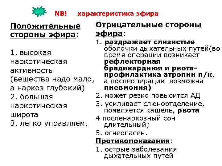 NB! характеристика эфира Положительные стороны эфира: Отрицательные стороны эфира: 1. раздражает слизистые оболочки дыхательных