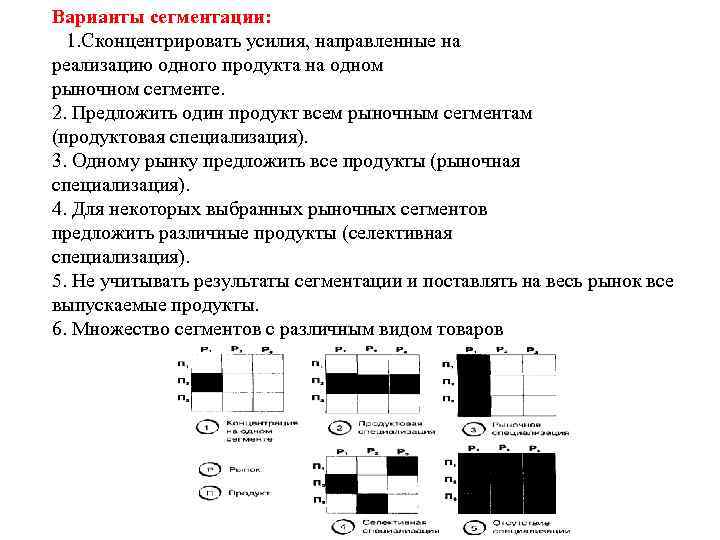 Варианты сегментации: 1. Сконцентрировать усилия, направленные на реализацию одного продукта на одном рыночном сегменте.