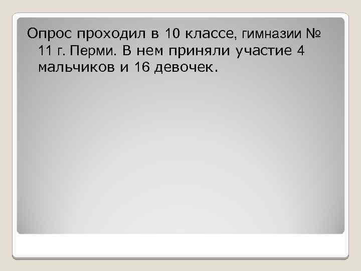 Опрос проходил в 10 классе, гимназии № 11 г. Перми. В нем приняли участие