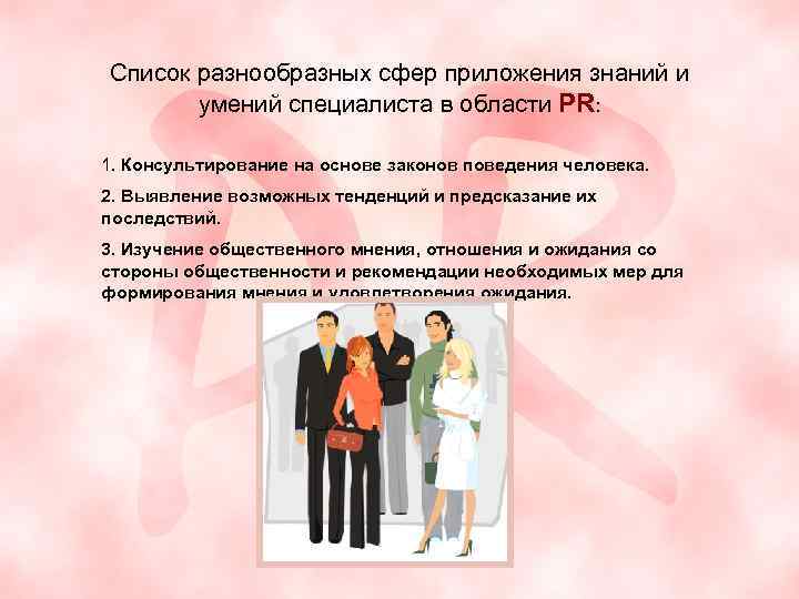 Cписок разнообразных сфер приложения знаний и умений специалиста в области PR: 1. Консультирование на