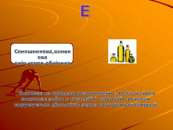 Е Соняшникова, оливк ова олія, горох, обліпиха Впливає на процеси розмноження. Нестача його викликає