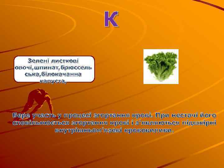 К Зелені листкові овочі, шпинат, брюссель ська, білокачанна капуста, Бере участь у процесі згортання