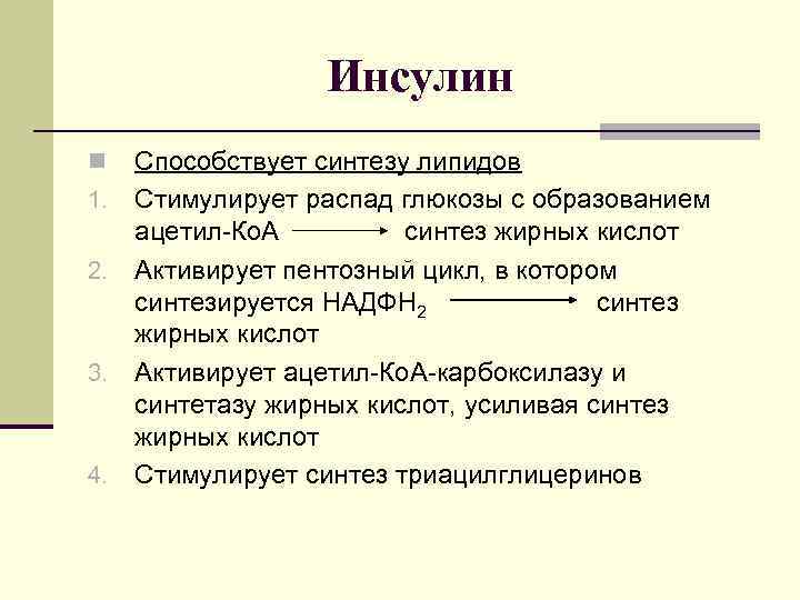 Инсулин n 1. 2. 3. 4. Способствует синтезу липидов Стимулирует распад глюкозы с образованием