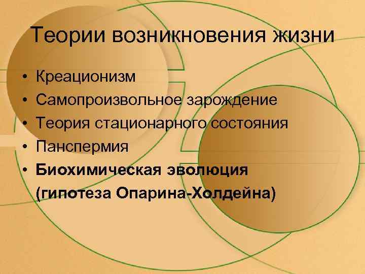 Теории возникновения жизни • • • Креационизм Самопроизвольное зарождение Теория стационарного состояния Панспермия Биохимическая
