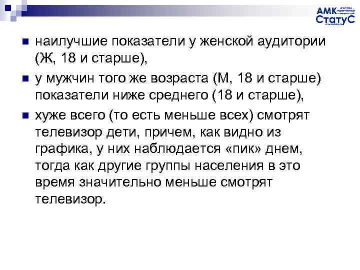 n n n наилучшие показатели у женской аудитории (Ж, 18 и старше), у мужчин