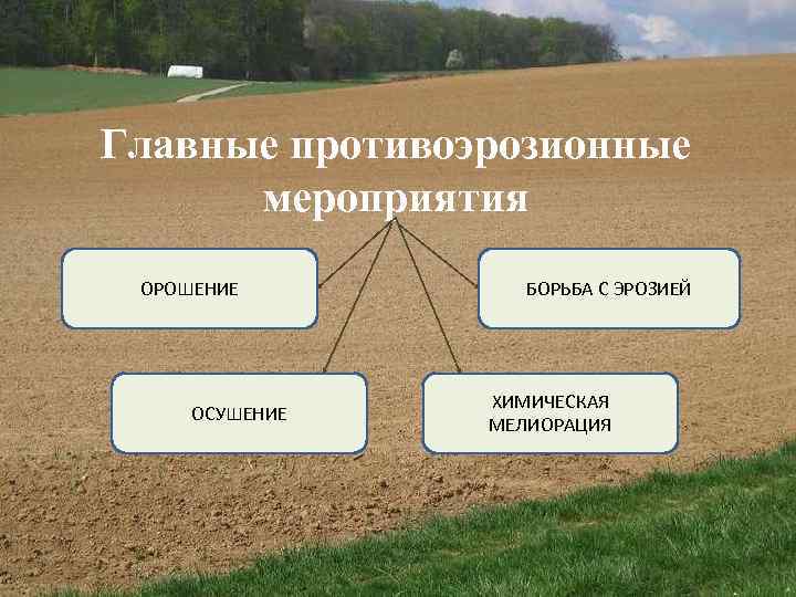 Главные противоэрозионные мероприятия Внедрение правильных почвозащитных ОРОШЕНИЕ севооборотов Полезащитные и противоэрозионные ОСУШЕНИЕ лесонасаждения Строгое