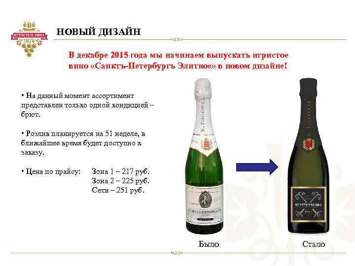 НОВЫЙ ДИЗАЙН В декабре 2015 года мы начинаем выпускать игристое вино «Санктъ-Петербургъ Элитное» в