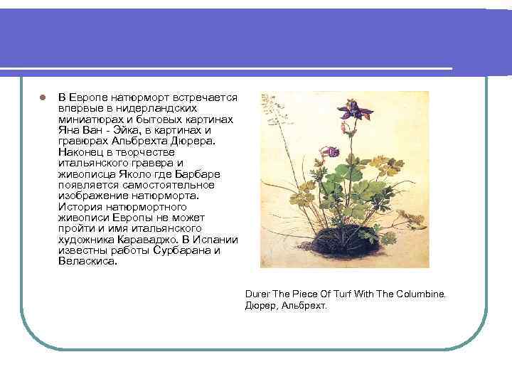 l В Европе натюрморт встречается впервые в нидерландских миниатюрах и бытовых картинах Яна Ван