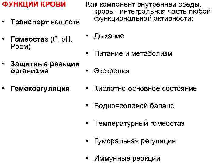 ФУНКЦИИ КРОВИ Как компонент внутренней среды, кровь - интегральная часть любой функциональной активности: •