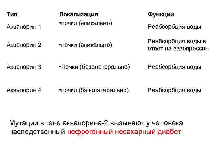 Тип Аквапорин 1 Локализация • почки (апикально) Функции Реабсорбция воды Аквапорин 2 • почки