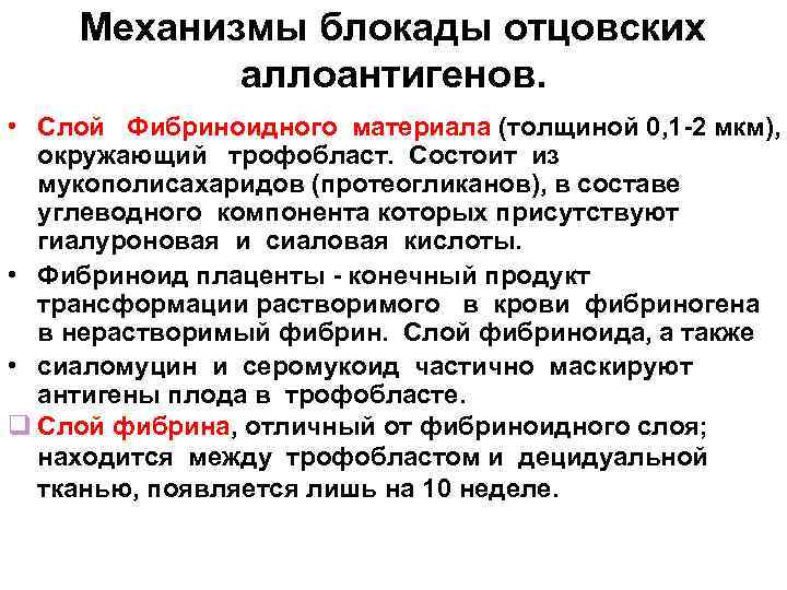 Механизмы блокады отцовских аллоантигенов. • Слой Фибриноидного материала (толщиной 0, 1 -2 мкм), окружающий