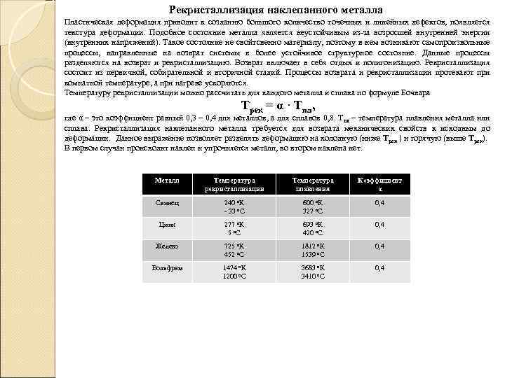 Рекристаллизация наклепанного металла Пластическая деформация приводит к созданию большого количество точечных и линейных дефектов,