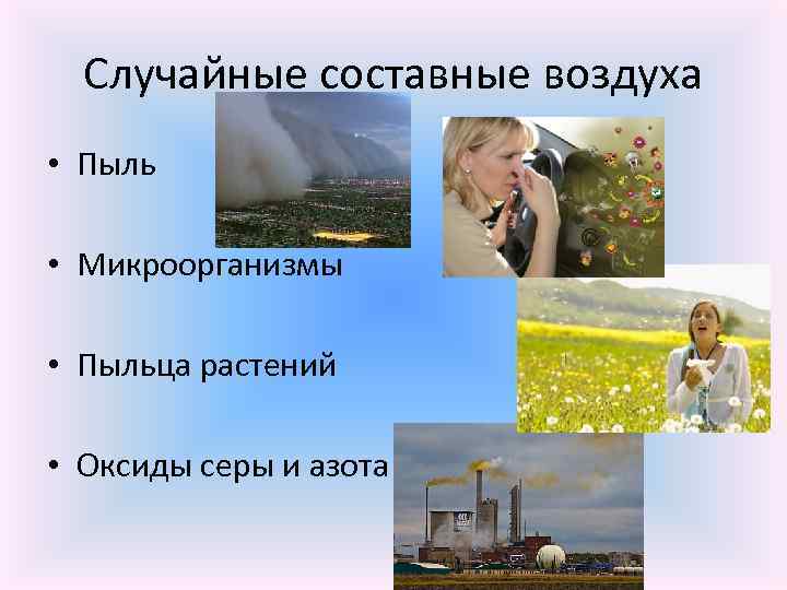 Случайные составные воздуха • Пыль • Микроорганизмы • Пыльца растений • Оксиды серы и