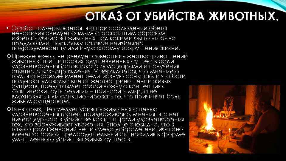 ОТКАЗ ОТ УБИЙСТВА ЖИВОТНЫХ. • Особо подчеркивается, что при соблюдении обета ненасилия следует самым