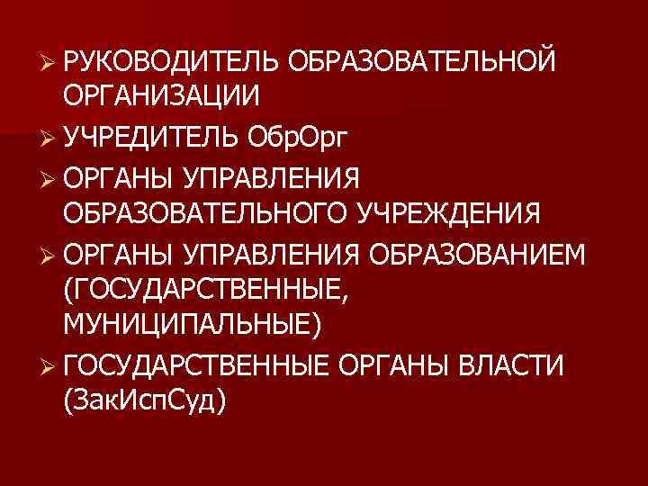 Ø РУКОВОДИТЕЛЬ ОБРАЗОВАТЕЛЬНОЙ ОРГАНИЗАЦИИ Ø УЧРЕДИТЕЛЬ Обр. Орг Ø ОРГАНЫ УПРАВЛЕНИЯ ОБРАЗОВАТЕЛЬНОГО УЧРЕЖДЕНИЯ Ø