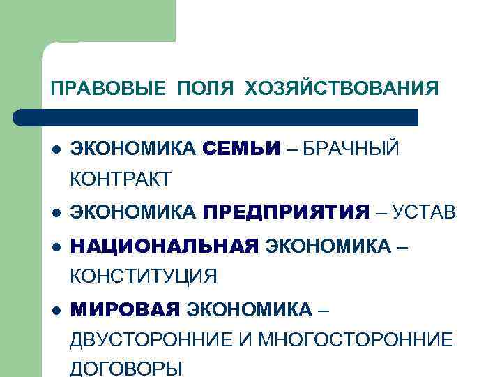 ПРАВОВЫЕ ПОЛЯ ХОЗЯЙСТВОВАНИЯ l ЭКОНОМИКА СЕМЬИ – БРАЧНЫЙ КОНТРАКТ l ЭКОНОМИКА ПРЕДПРИЯТИЯ – УСТАВ