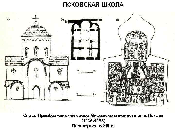 ПСКОВСКАЯ ШКОЛА Спасо-Преображенский собор Мирожского монастыря в Пскове (1136 -1156) Перестроен в XIII в.