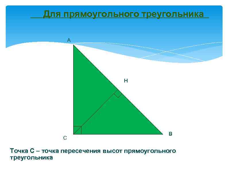 Для прямоугольного треугольника А Н С В Точка С – точка пересечения высот прямоугольного