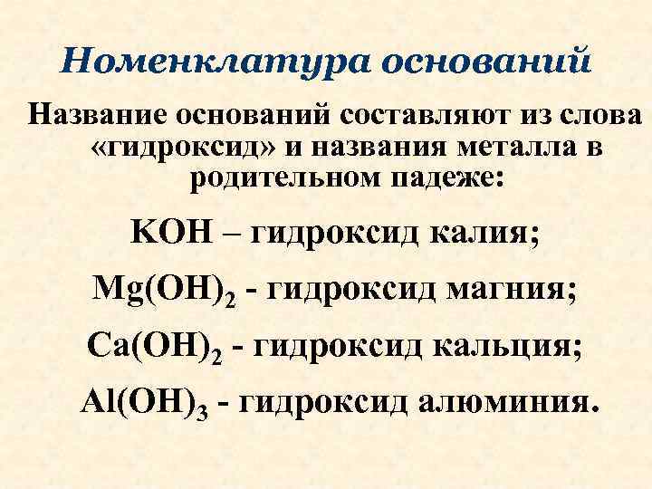 Номенклатура оснований Название оснований составляют из слова «гидроксид» и названия металла в родительном падеже: