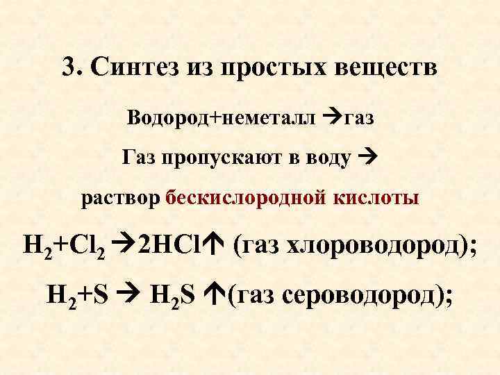 3. Синтез из простых веществ Водород+неметалл газ Газ пропускают в воду раствор бескислородной кислоты