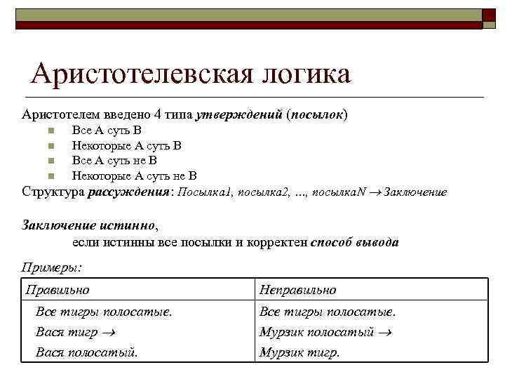 Аристотелевская логика Аристотелем введено 4 типа утверждений (посылок) Все А суть В n Некоторые