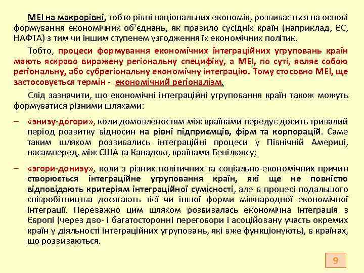 МЕІ на макрорівні, тобто рівні національних економік, розвивається на основі формування економічних об'єднань, як