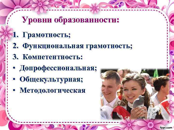 Уровни образованности: 1. Грамотность; 2. Функциональная грамотность; 3. Компетентность: • Допрофессиональная; • Общекультурная; •