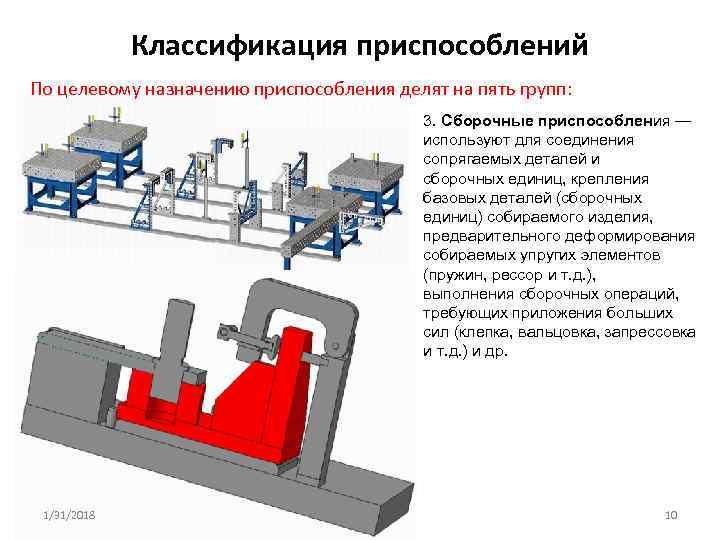 Классификация приспособлений По целевому назначению приспособления делят на пять групп: 3. Сборочные приспособления —