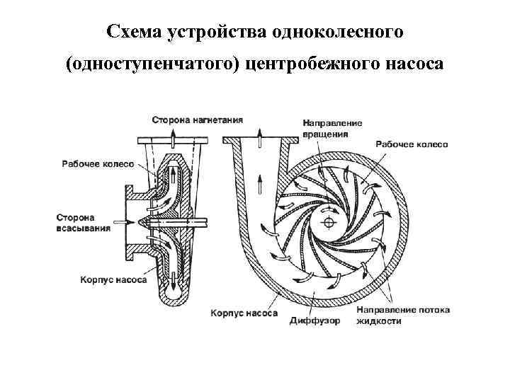 Схема устройства одноколесного (одноступенчатого) центробежного насоса 